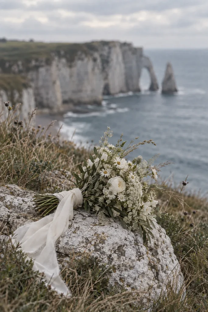 White wildflowers on a chalk rock overlooking the sea