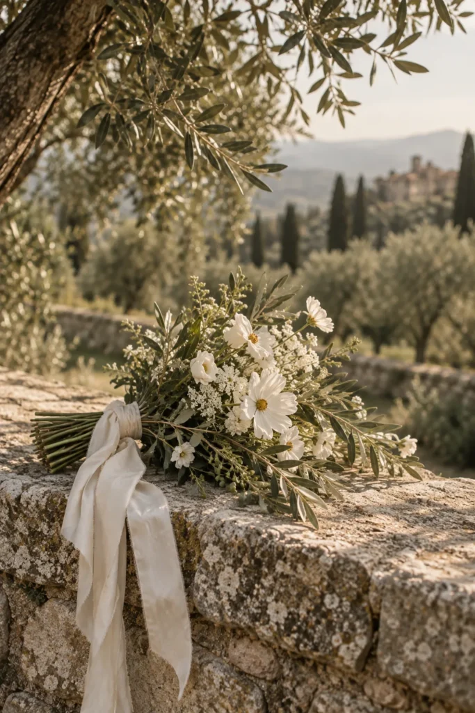 White flowers and olive branches on a sunlit stone ledge