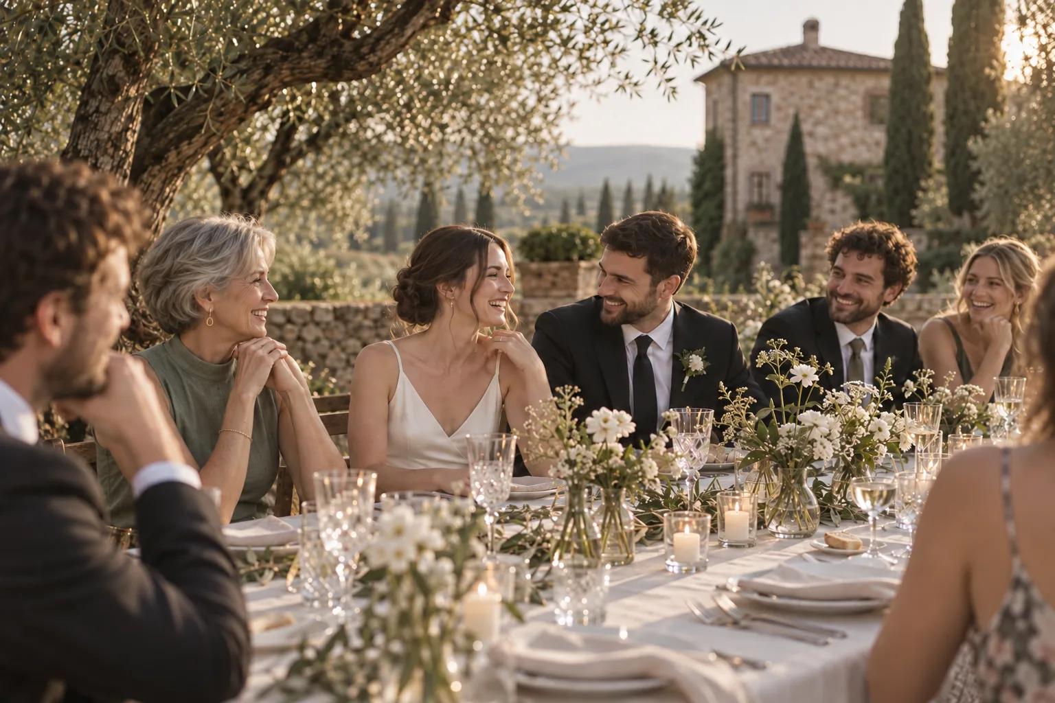 The couple laughing with guests at their olive-grove reception