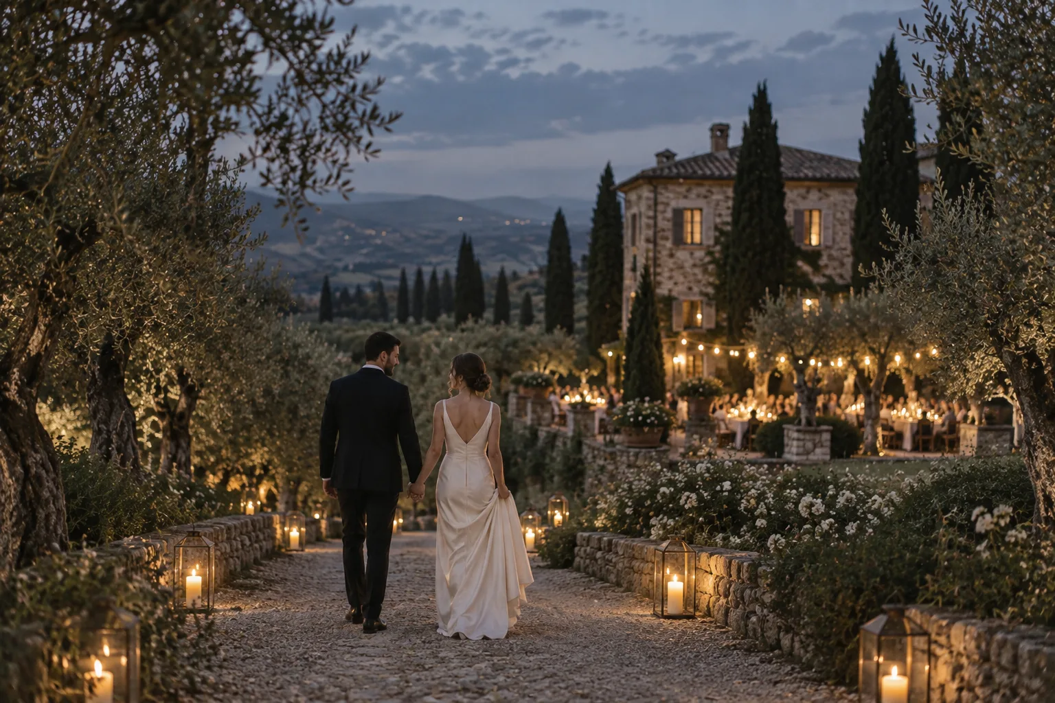 The couple walking toward a candlelit Tuscan villa at dusk