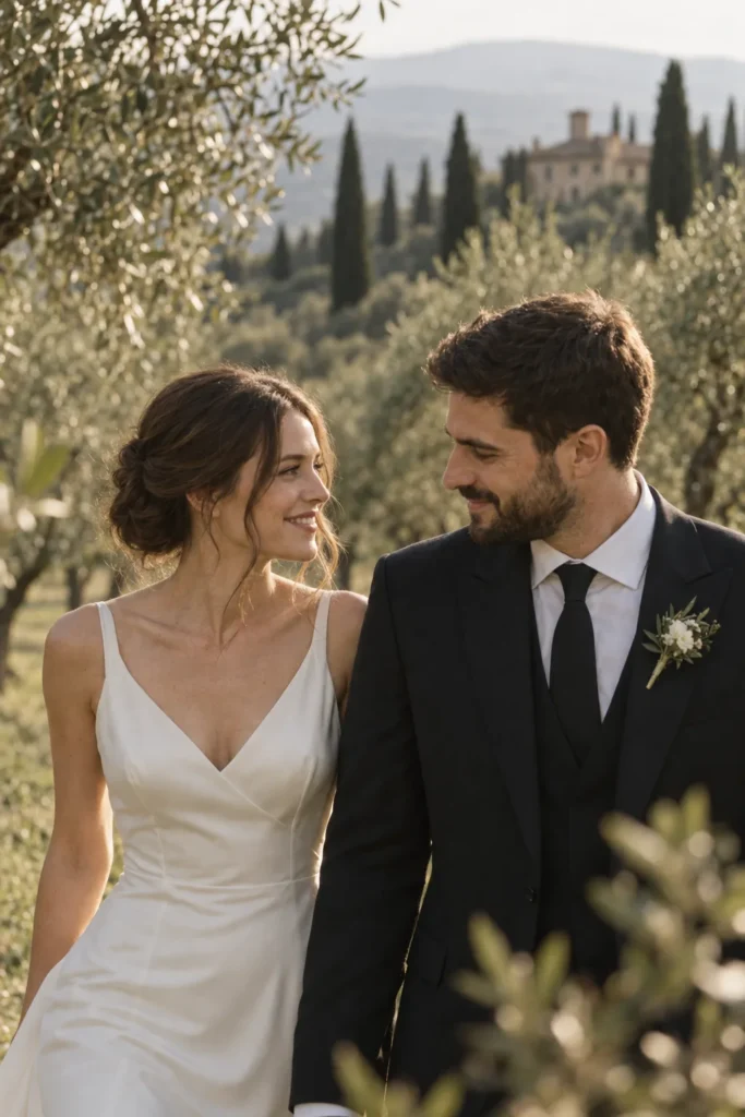 The bride and groom sharing a quiet smile in the olive grove