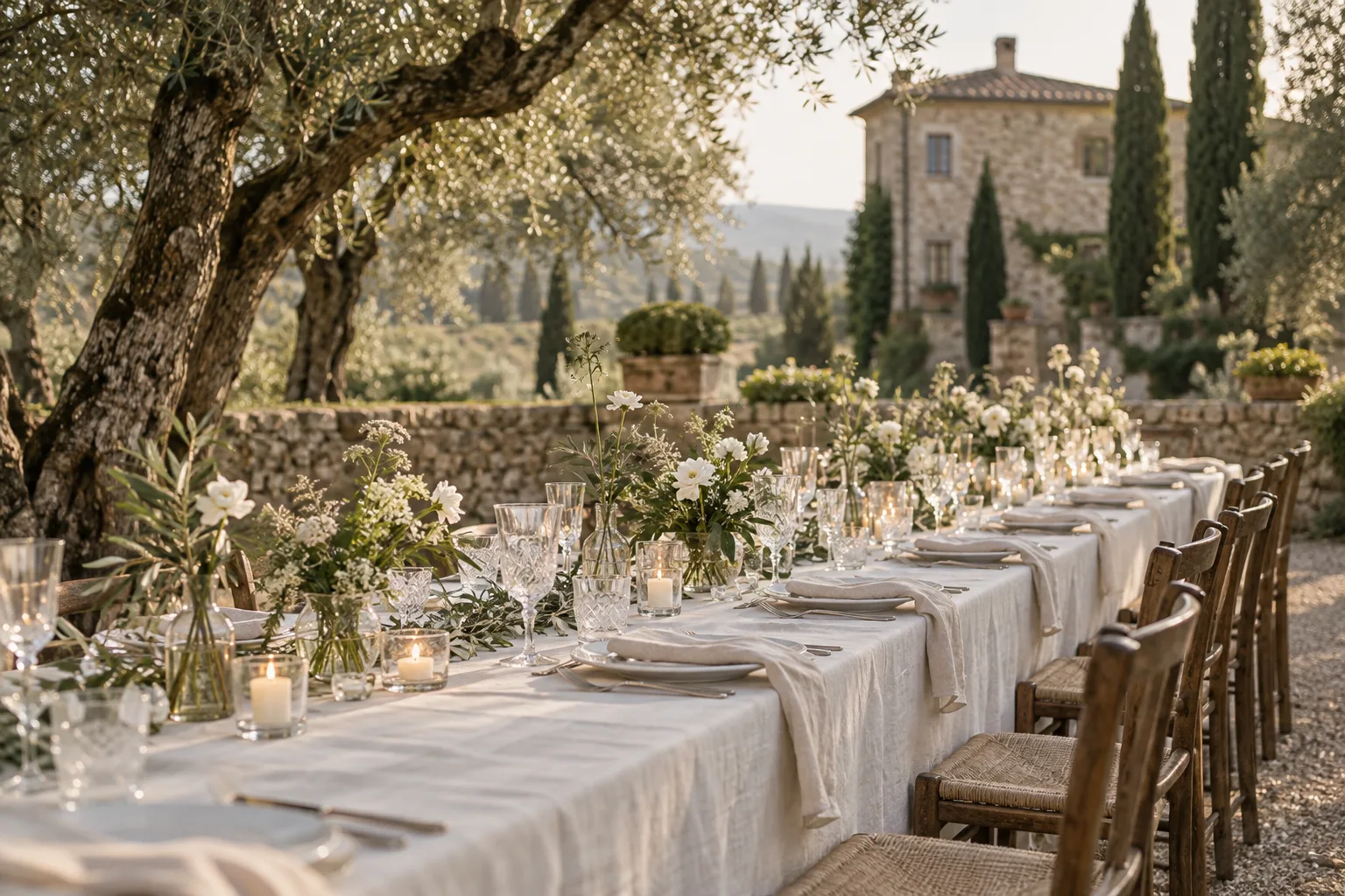 An intimate wedding reception table beneath olive trees