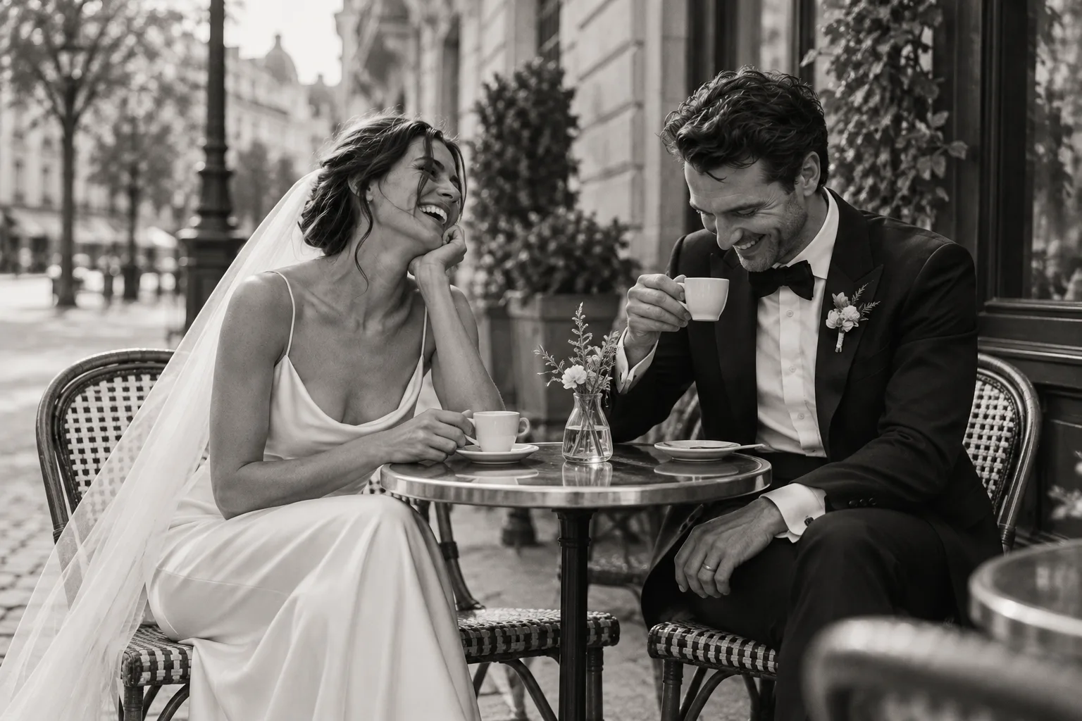 The couple laughing over coffee at a Paris cafe