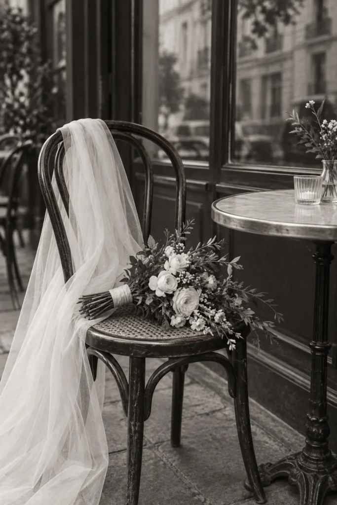A bouquet and veil resting on a Paris cafe chair