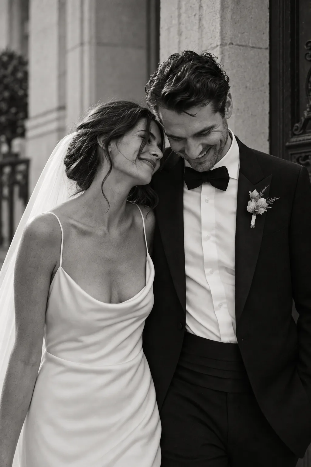 An intimate portrait of the couple in a Paris doorway