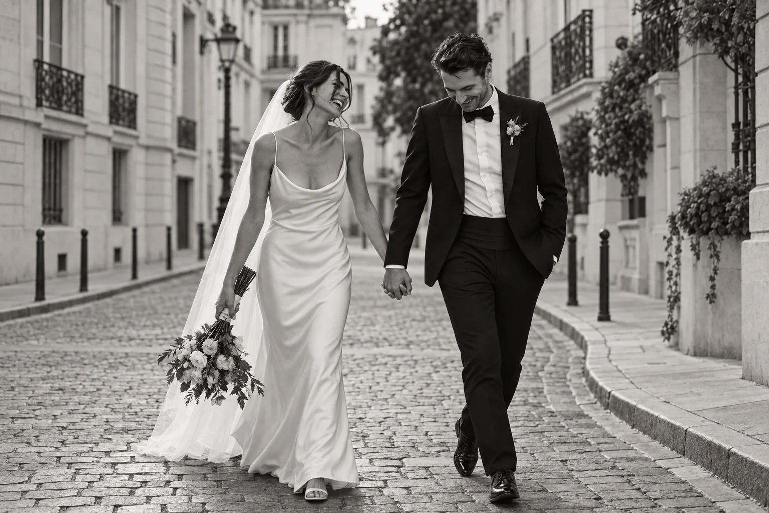 A wedding couple walking together on a quiet Paris street