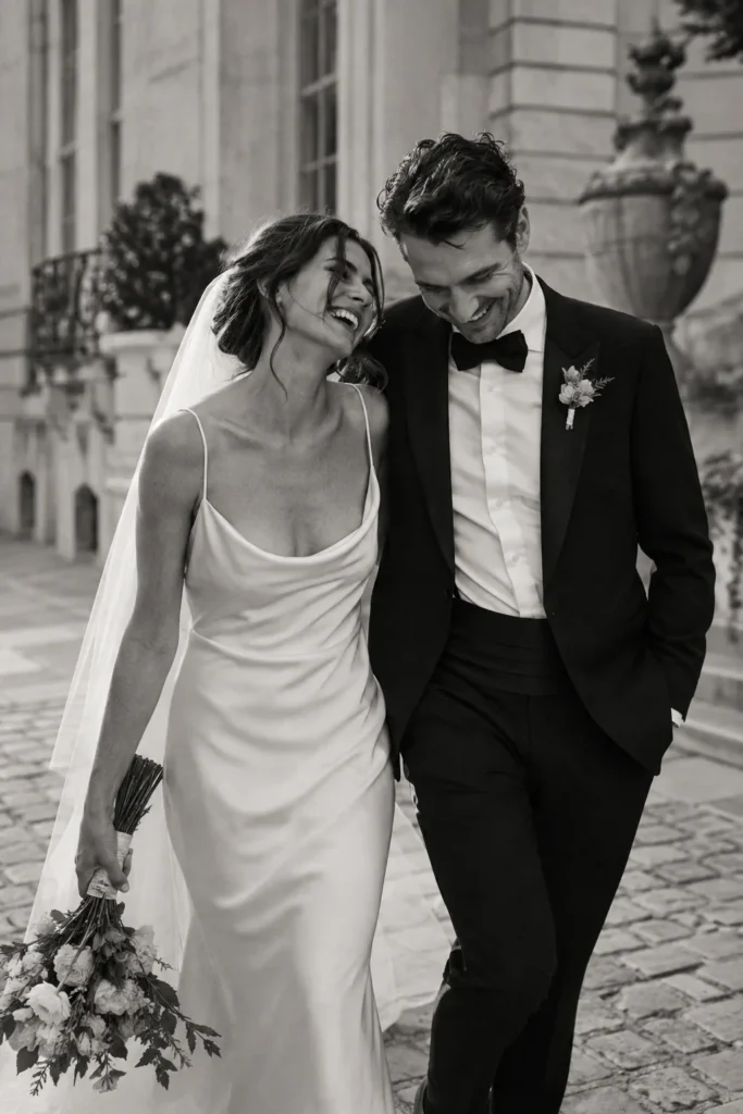 A laughing couple walking through Paris in black and white