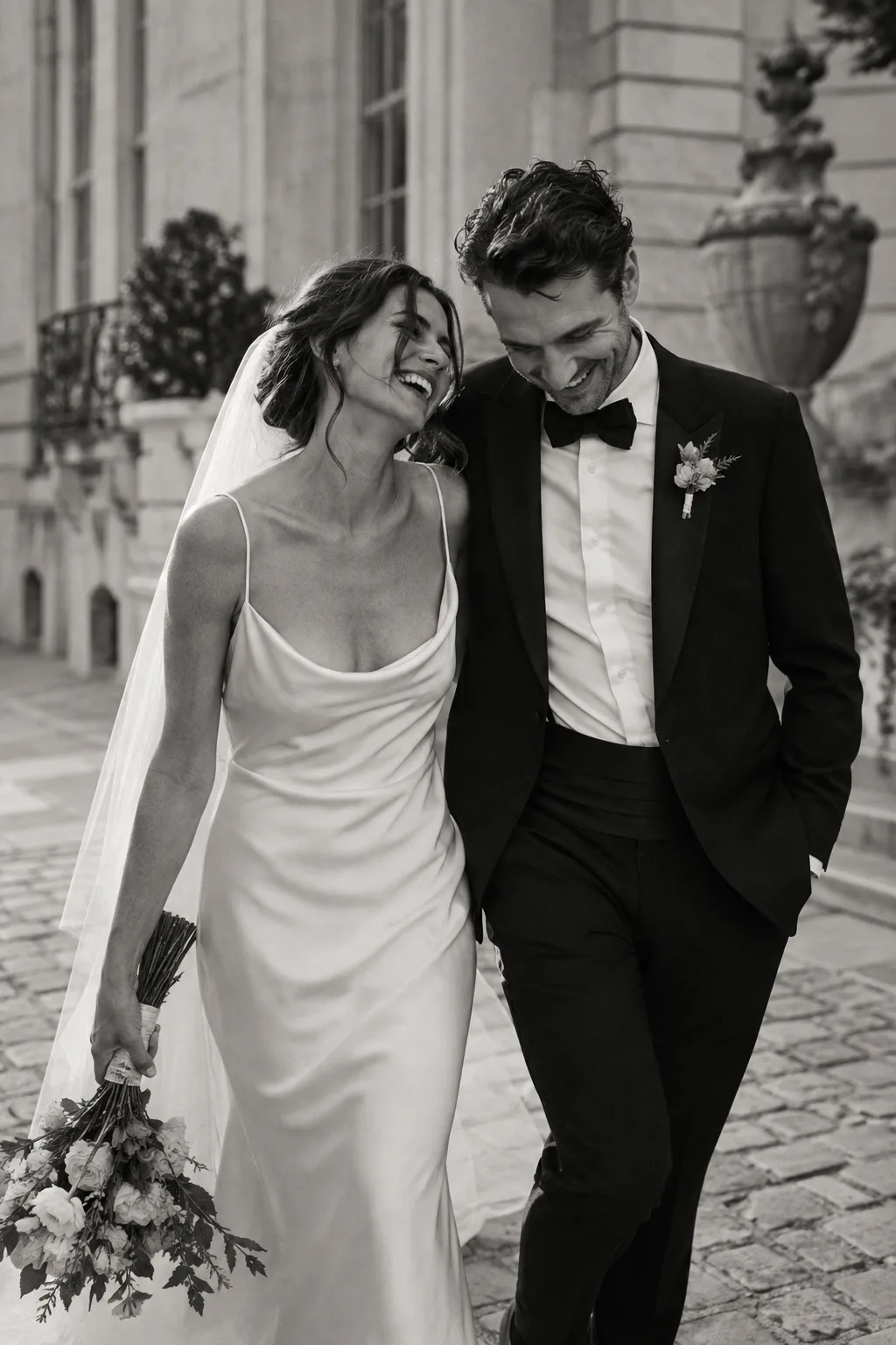 A laughing couple walking through Paris in black and white